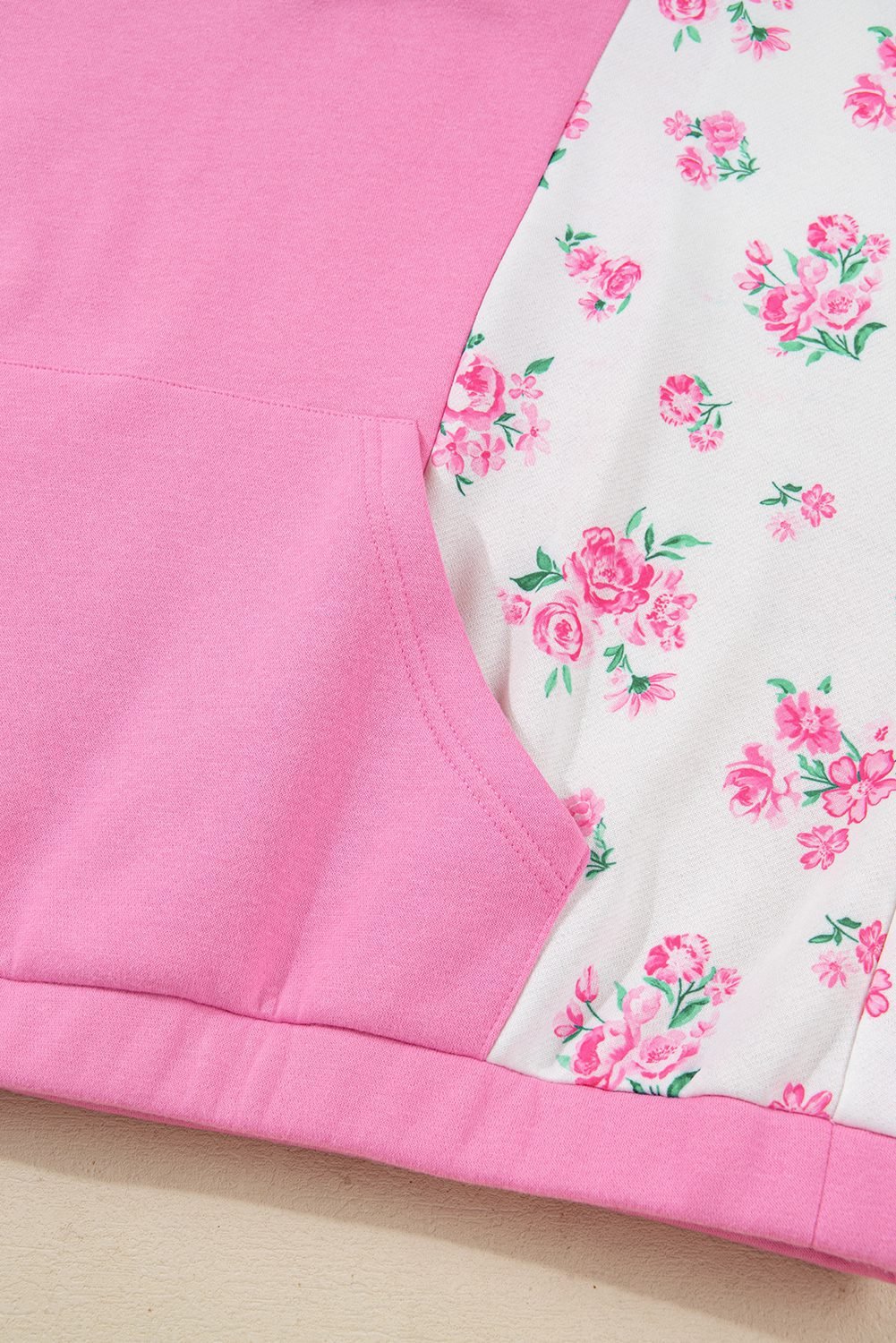 Pink Plus Size Contrast Polo Collar Floral Patchwork Elastic Cuffs Long Sleeve Top