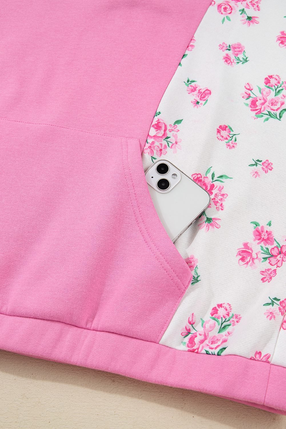 Pink Plus Size Contrast Polo Collar Floral Patchwork Elastic Cuffs Long Sleeve Top