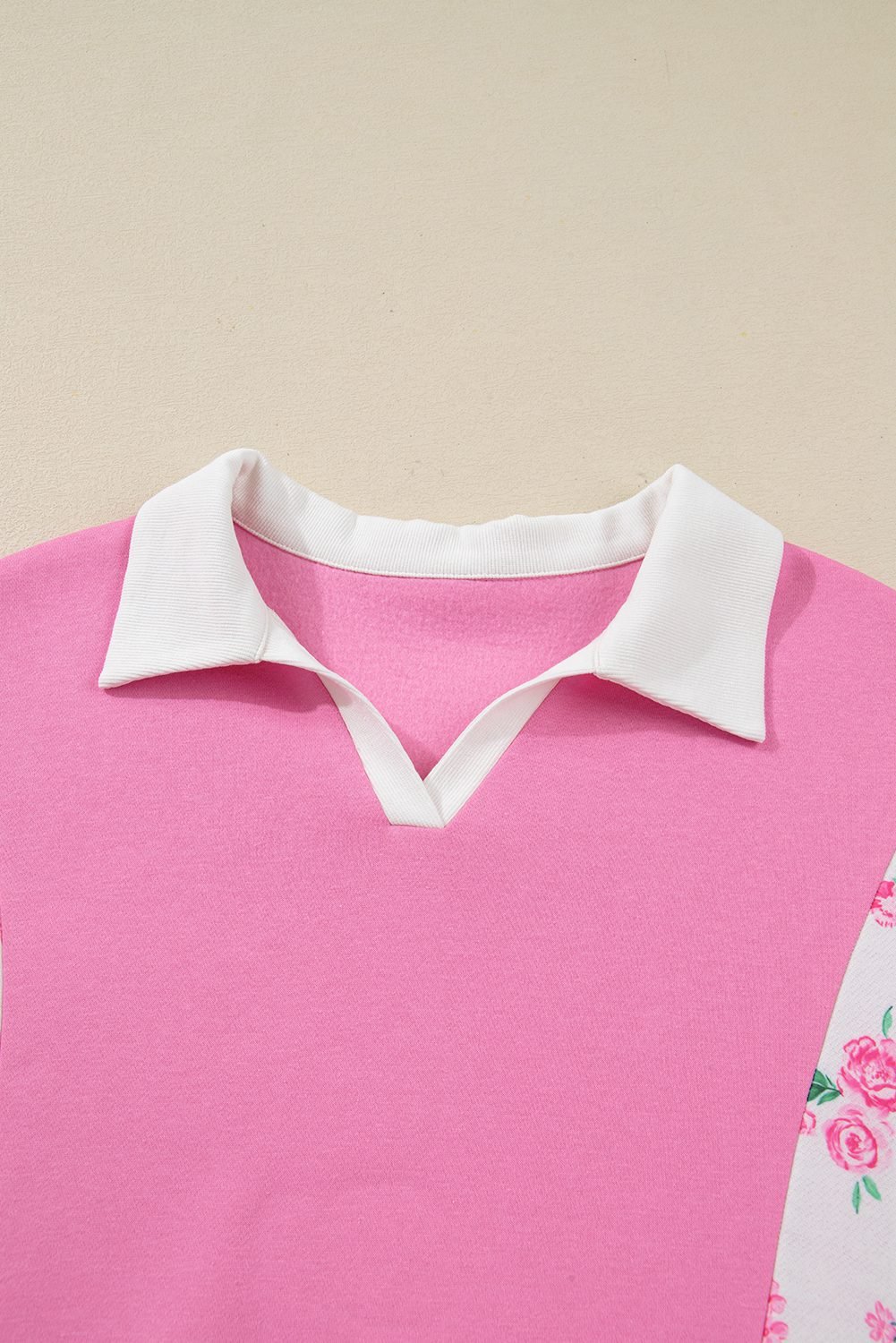 Pink Plus Size Contrast Polo Collar Floral Patchwork Elastic Cuffs Long Sleeve Top