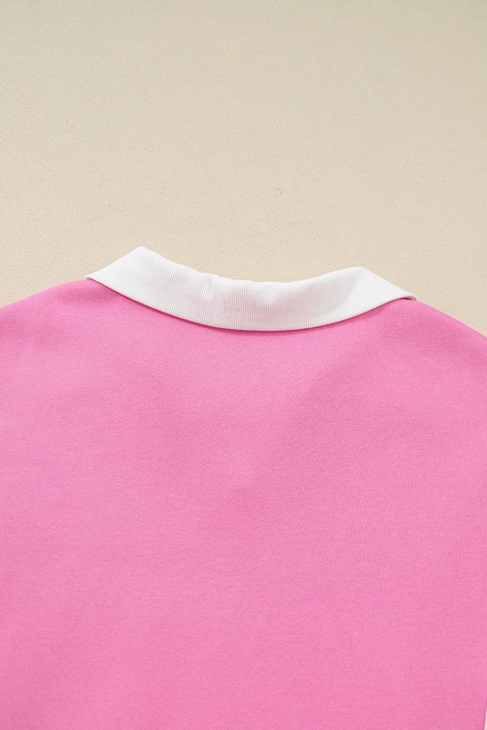 Pink Plus Size Contrast Polo Collar Floral Patchwork Elastic Cuffs Long Sleeve Top