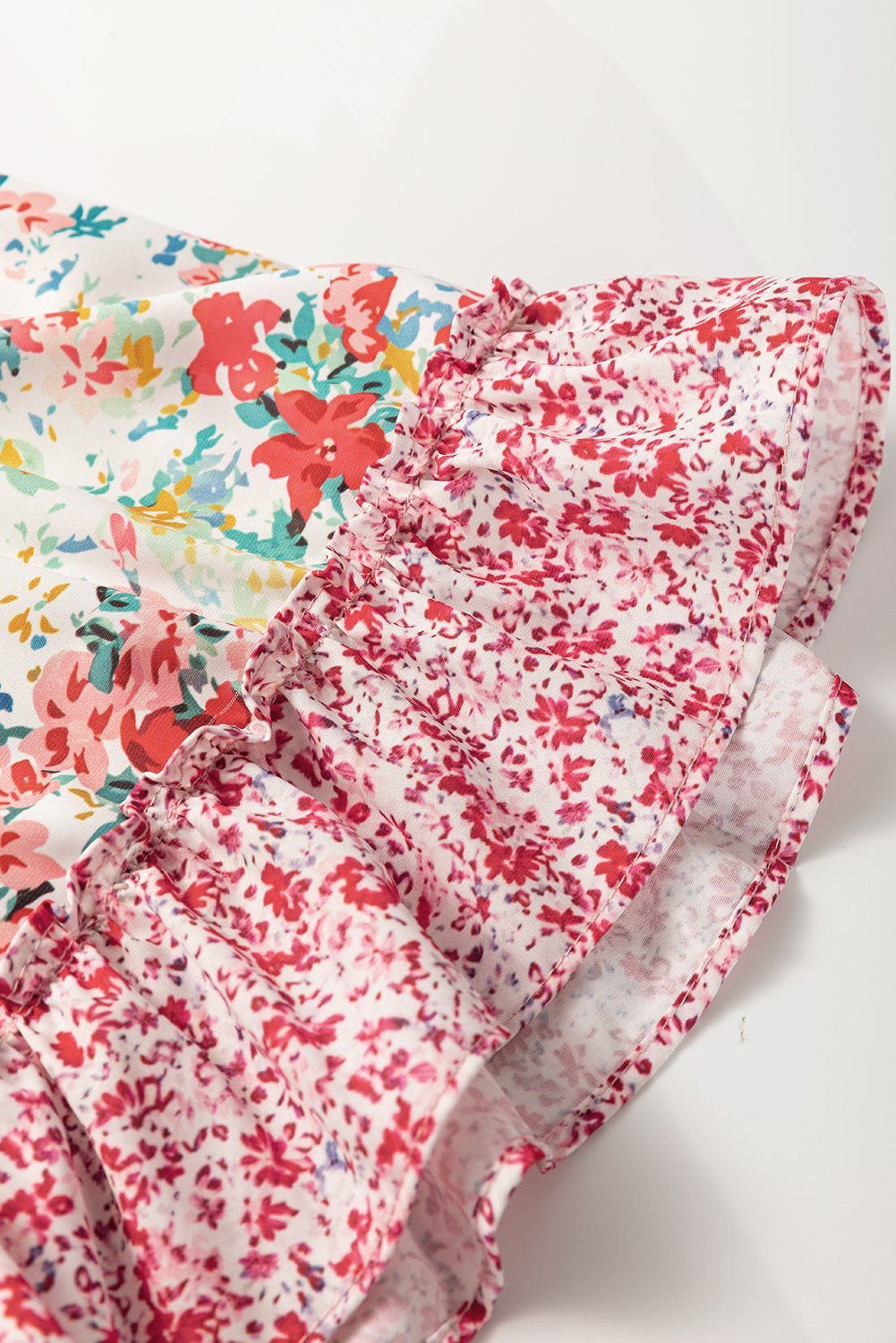 Pink Plus Size Floral Patchwork Ruffled Short Sleeve Blouse