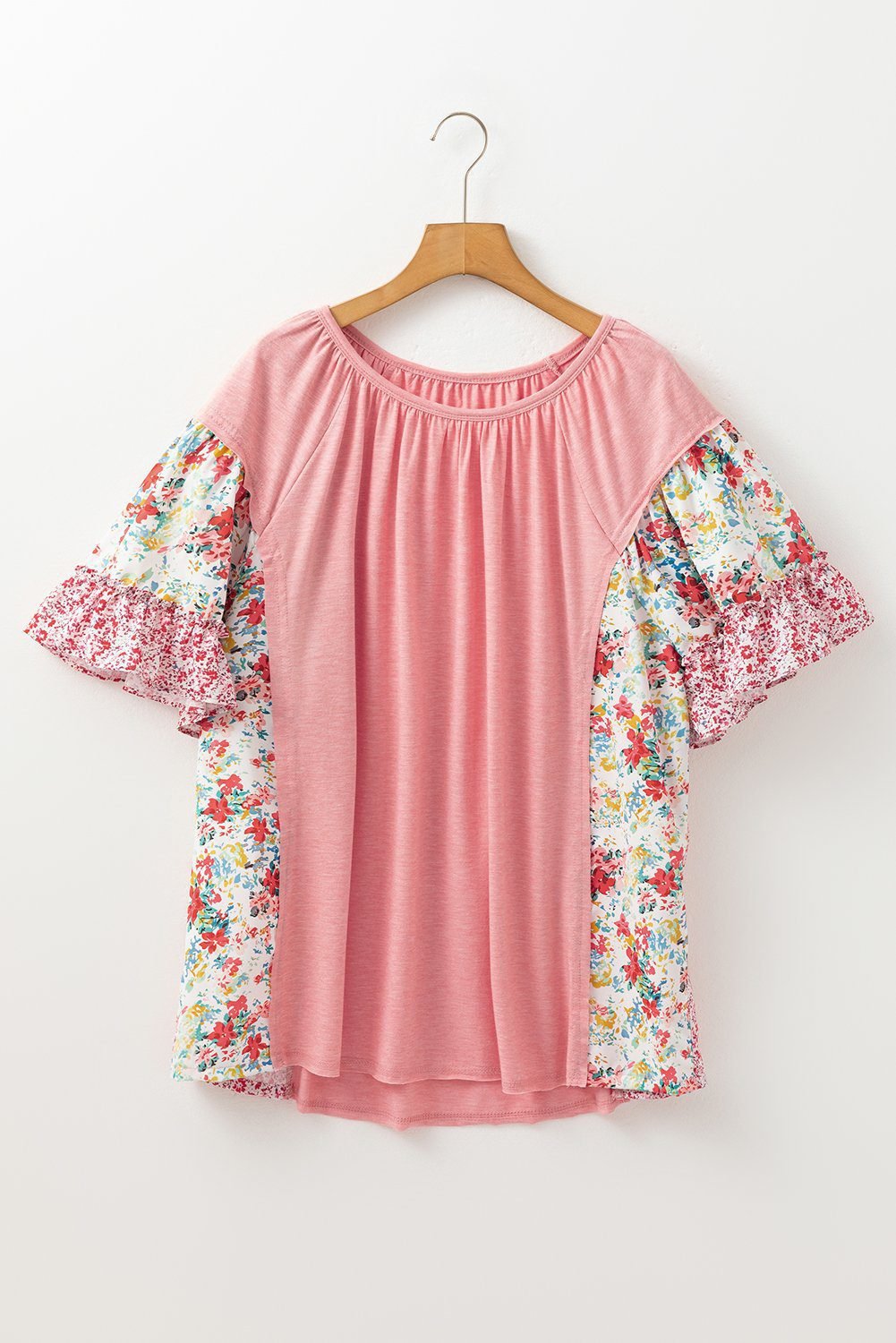 Pink Plus Size Floral Patchwork Ruffled Short Sleeve Blouse