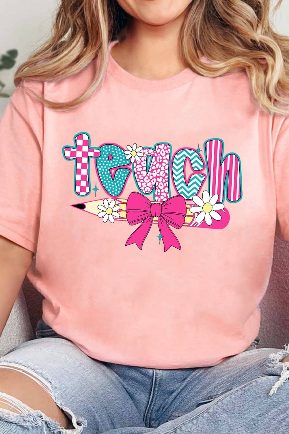 Pink Preppy Retro Checkered Coquette Teach Graphic T-Shirt