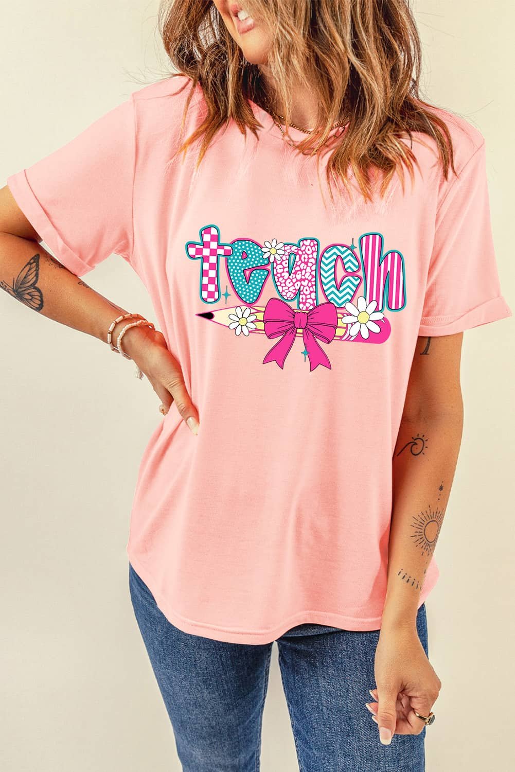 Pink Preppy Retro Checkered Coquette Teach Graphic T-Shirt