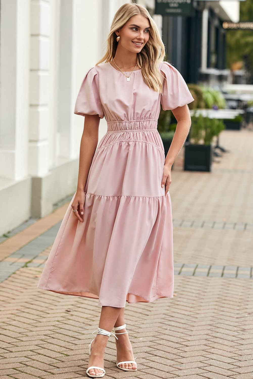 Pink Puff Sleeve Pleated High Waist Flowy Midi Dress