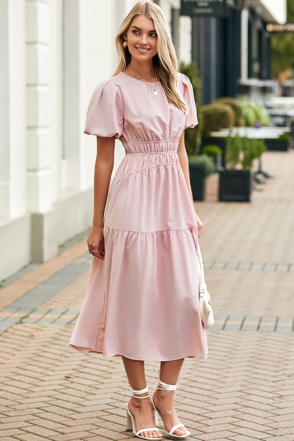 Pink Puff Sleeve Pleated High Waist Flowy Midi Dress
