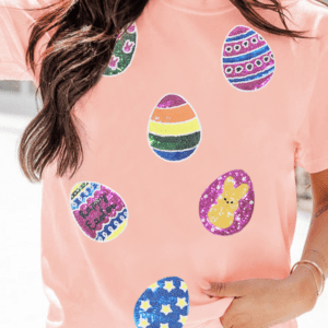 Pink Sequin Easter Eggs Graphic Crewneck T Shirt