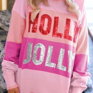 Pink Sequined Holly Jolly Color Block Crew Neck Sweater