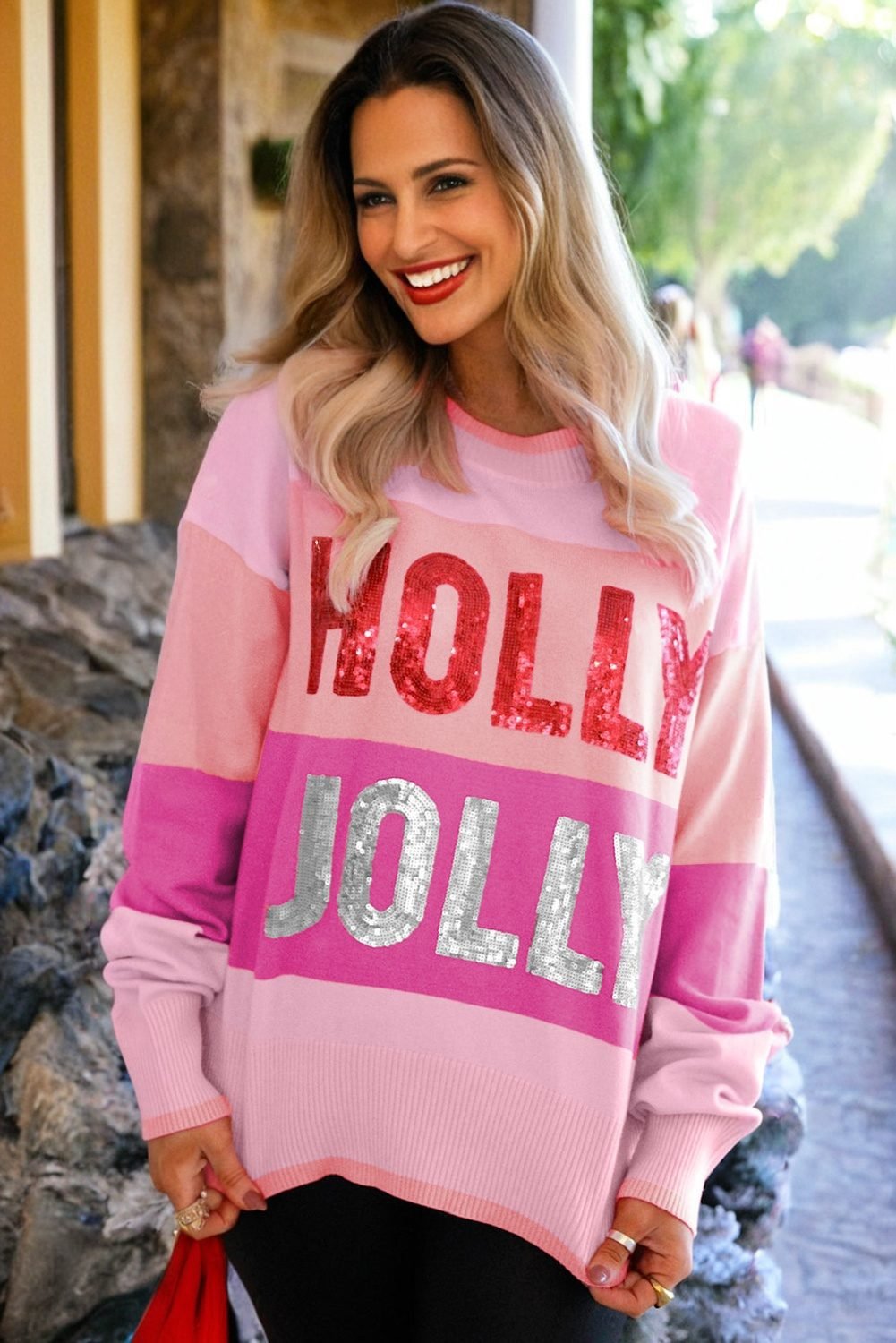 Pink Sequined Holly Jolly Color Block Crew Neck Sweater