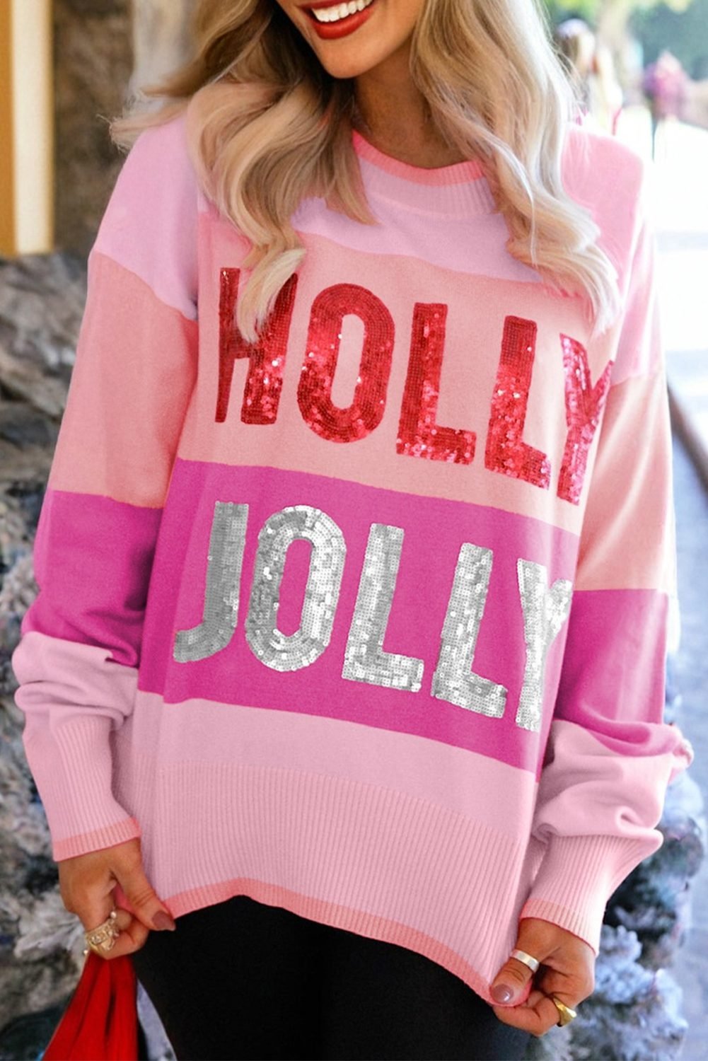 Pink Sequined Holly Jolly Color Block Crew Neck Sweater