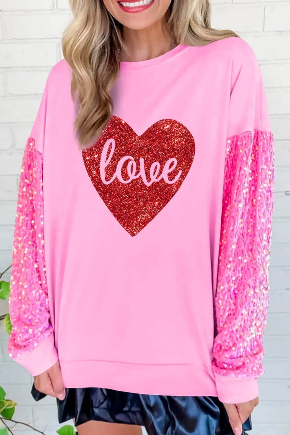 Pink Shiny Heart Shape Love Print Sequined Sleeve Sweatshirt