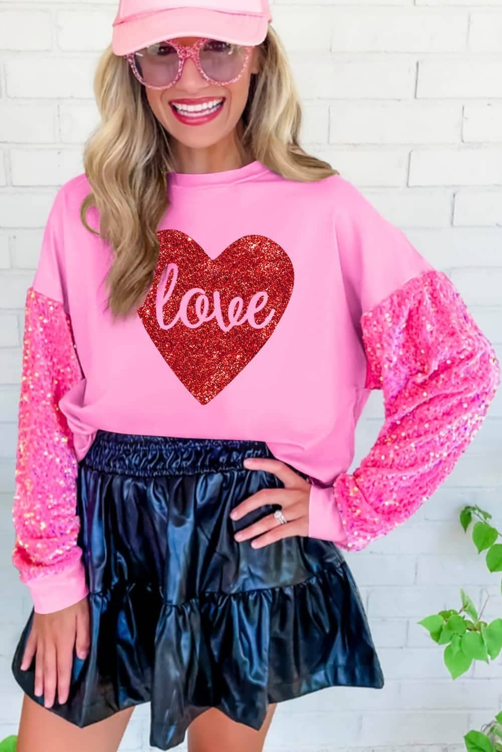 Pink Shiny Heart Shape Love Print Sequined Sleeve Sweatshirt
