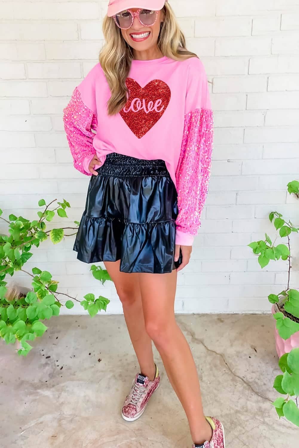 Pink Shiny Heart Shape Love Print Sequined Sleeve Sweatshirt