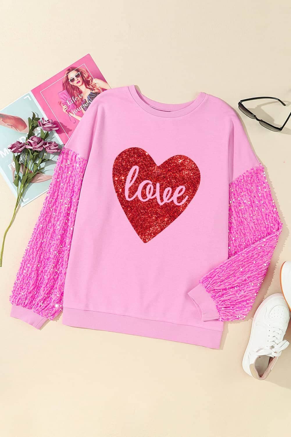 Pink Shiny Heart Shape Love Print Sequined Sleeve Sweatshirt