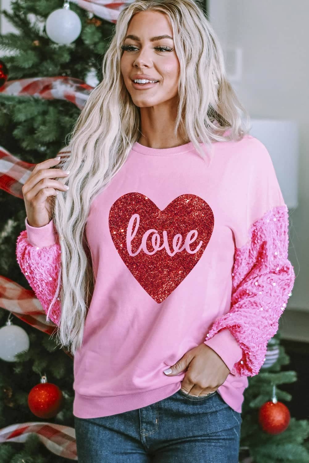 Pink Shiny Heart Shape Love Print Sequined Sleeve Sweatshirt