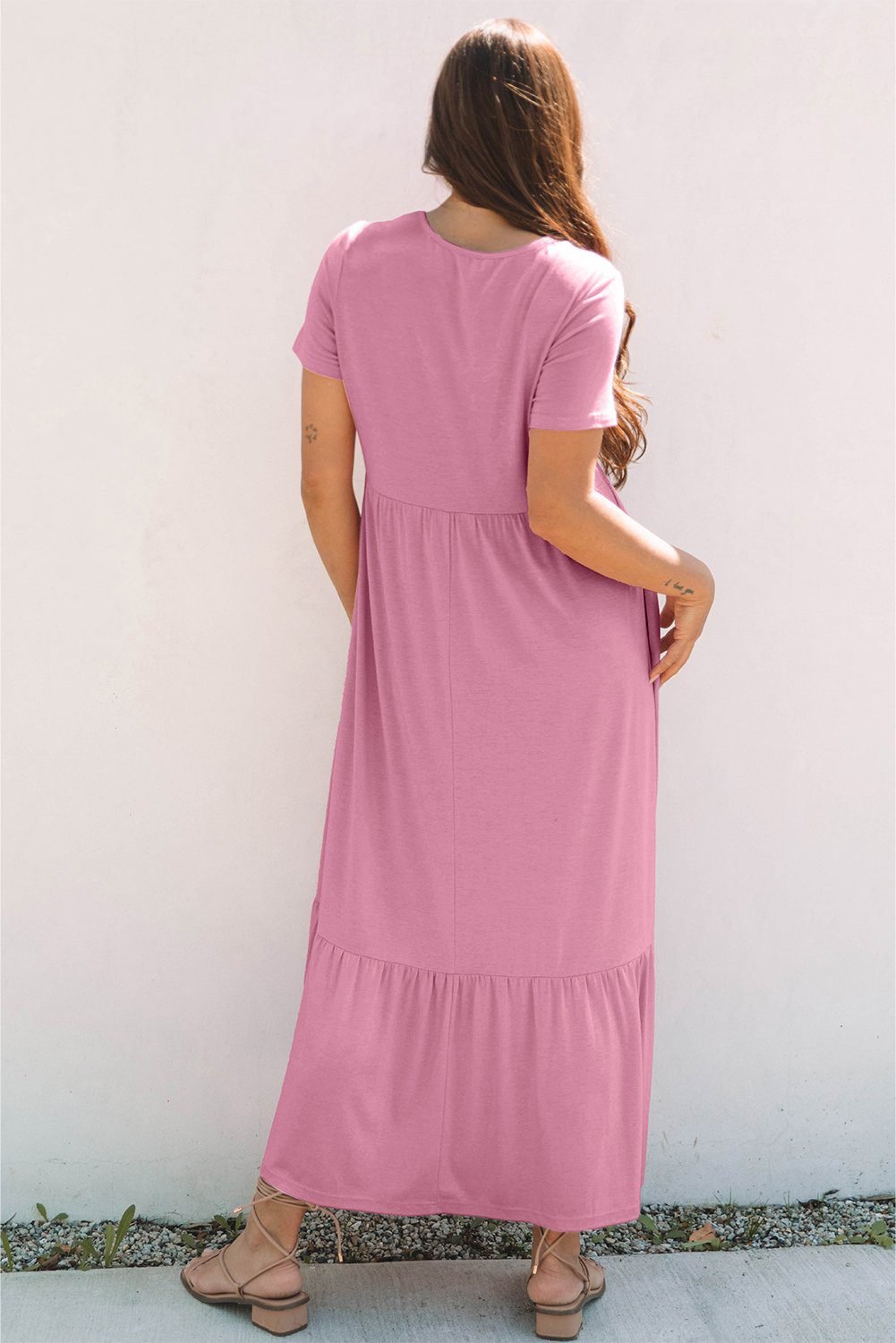 Pink Solid Color T-Shirt High Waist Pocketed Long Dress