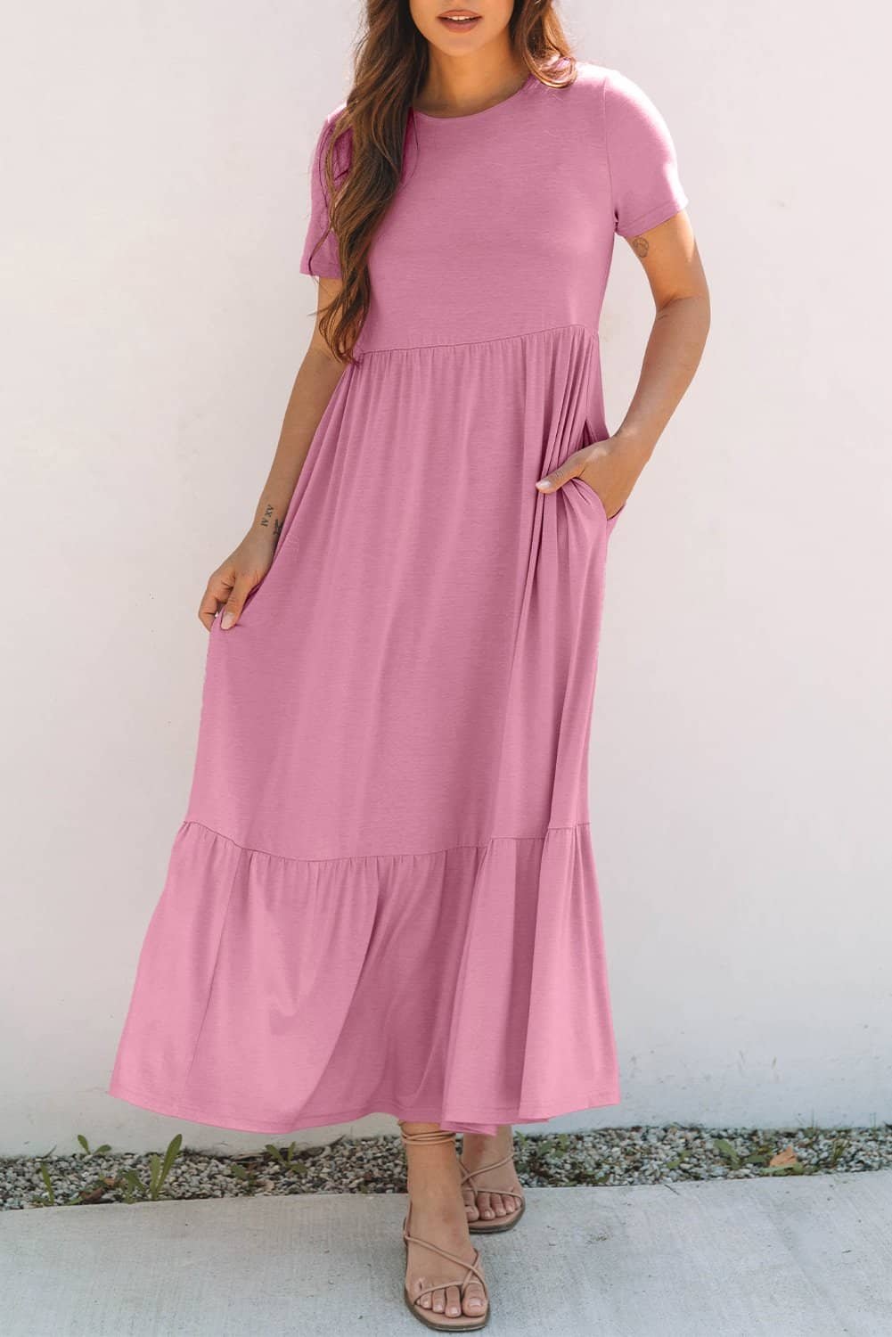 Pink Solid Color T-Shirt High Waist Pocketed Long Dress