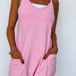 Pink Spaghetti Straps V Neck Jersey Romper