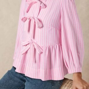 Pink Stripe Bowknot Front Crew Neck Puff Sleeve Blouse
