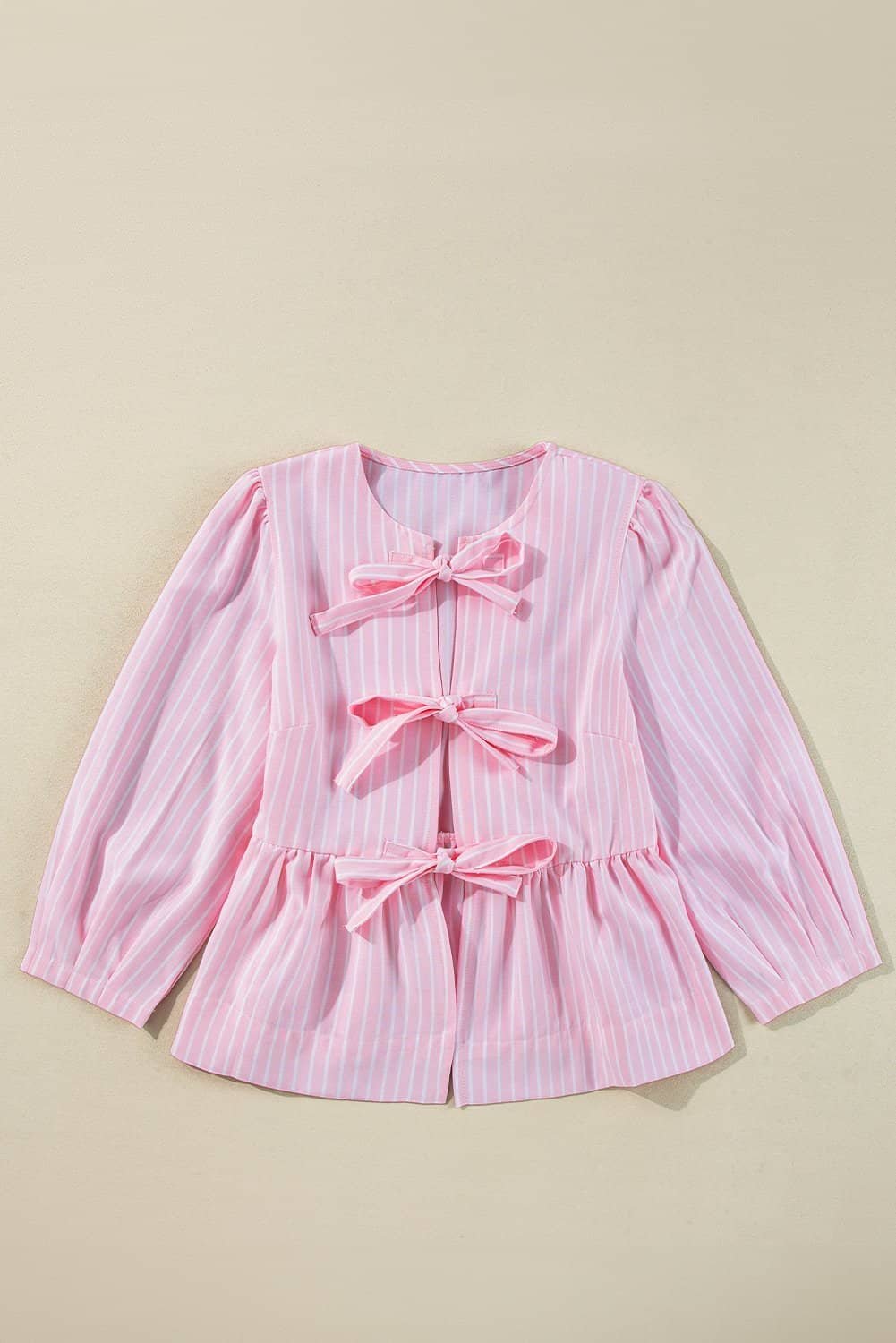 Pink Stripe Bowknot Front Crew Neck Puff Sleeve Blouse