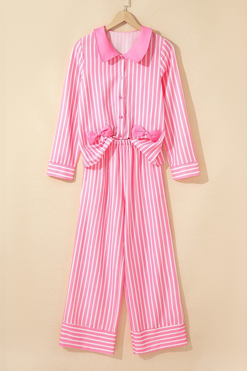 Pink Stripe Buttoned Front Long Sleeve Top And Pants 2 Piece Sleepwear