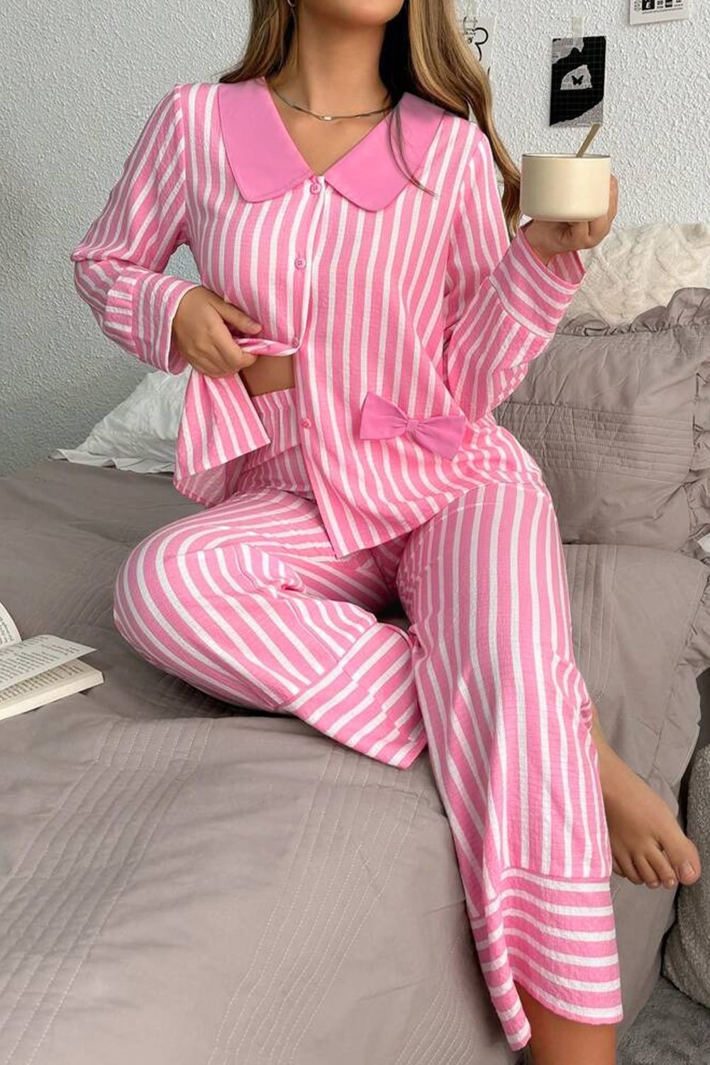 Pink Stripe Buttoned Front Long Sleeve Top And Pants 2 Piece Sleepwear