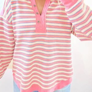Pink Stripe Buttoned V Neck Collared Drop Shoulder Top