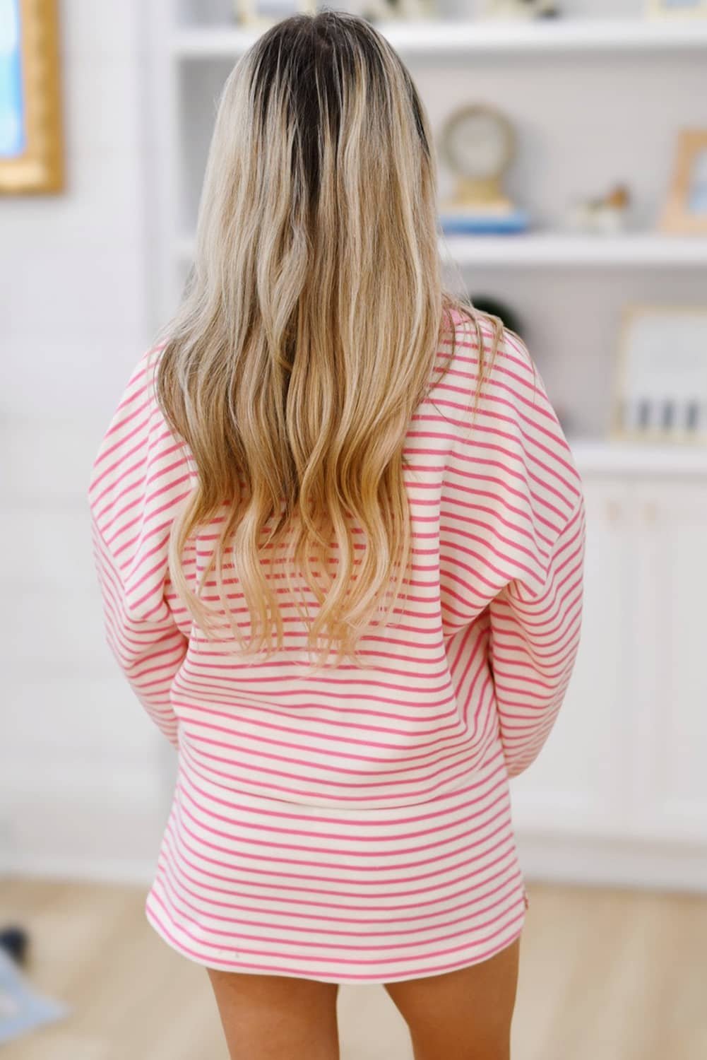 Pink Stripe Collared V Neck Drop Shoulder Pullover And Skort 2Pcs Outfit