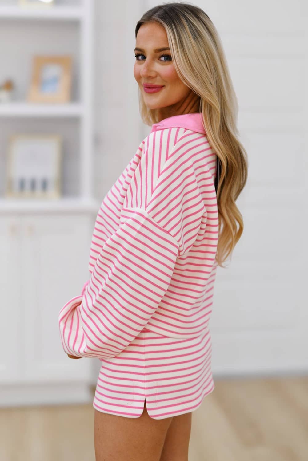 Pink Stripe Collared V Neck Drop Shoulder Pullover And Skort 2Pcs Outfit