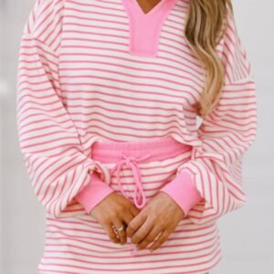 Pink Stripe Collared V Neck Drop Shoulder Pullover And Skort 2Pcs Outfit