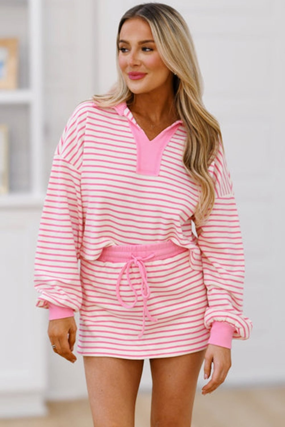 Pink Stripe Collared V Neck Drop Shoulder Pullover And Skort 2Pcs Outfit
