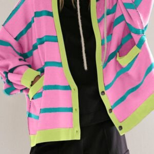 Pink Stripe Colorblock Drop Shoulder Buttoned Loose Cardigan