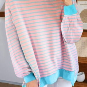 Pink Stripe Contrast Trim High Low Pullover Tunic Sweatshirt