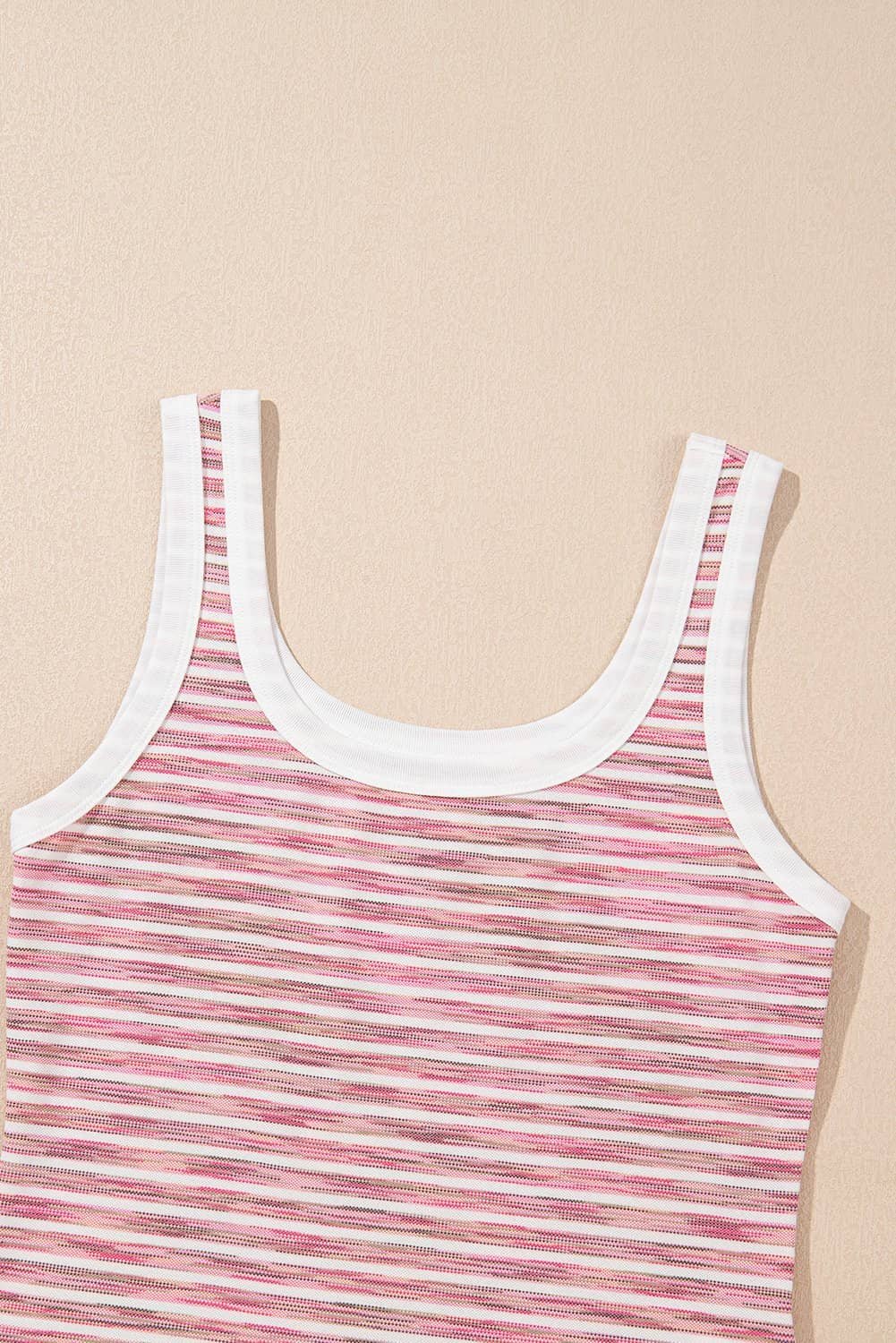Pink Stripe Contrast Trim Yarn-Dyeing Knit Tank Top