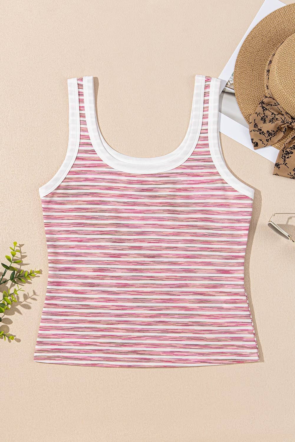 Pink Stripe Contrast Trim Yarn-Dyeing Knit Tank Top