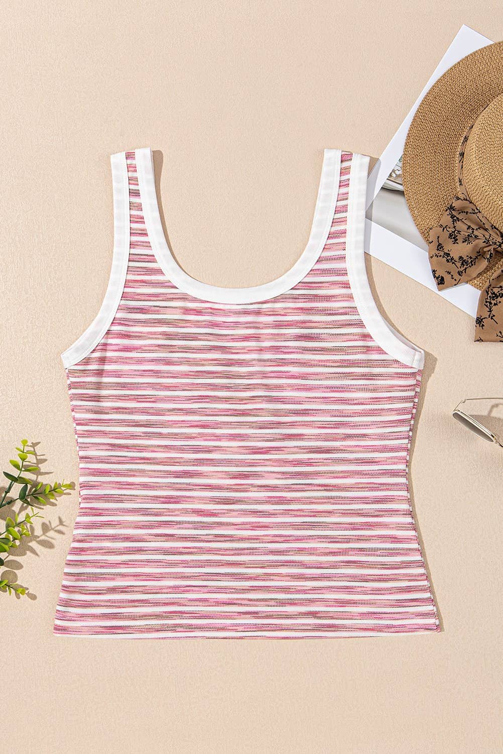 Pink Stripe Contrast Trim Yarn-Dyeing Knit Tank Top