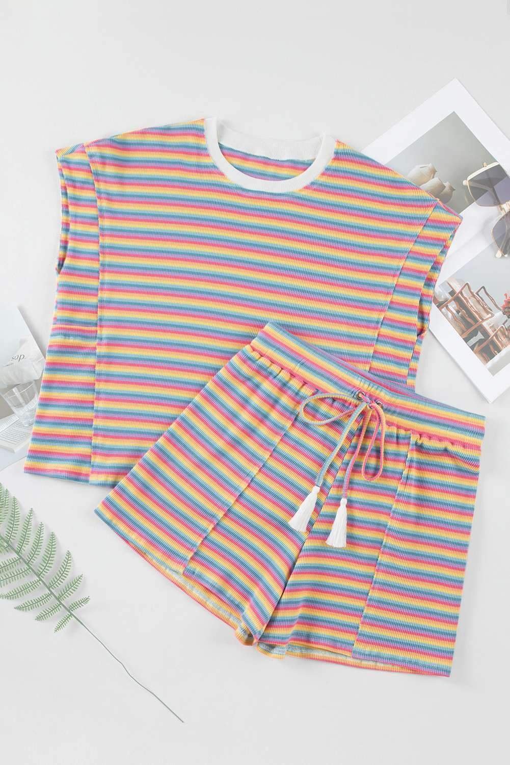 Pink Stripe Crew Neck Tee And Tasseled Drawstring Shorts Set