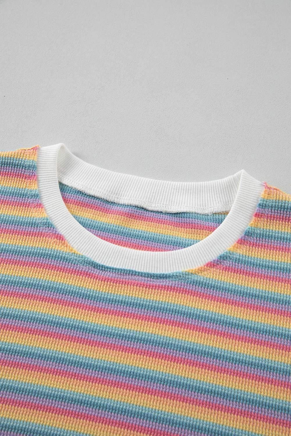 Pink Stripe Crew Neck Tee And Tasseled Drawstring Shorts Set