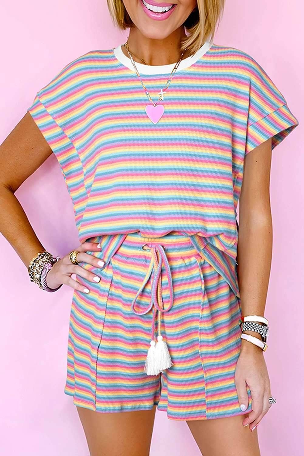 Pink Stripe Crew Neck Tee And Tasseled Drawstring Shorts Set