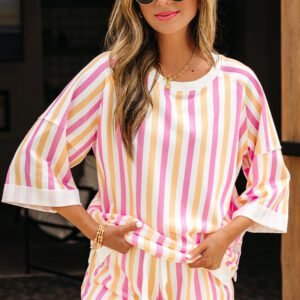 Pink Stripe Drop Shoulder Half Sleeve Loose Tee And Shorts Casual Set
