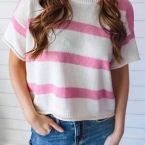 Pink Stripe Dropped Short Sleeve Lightweight Knitted Top