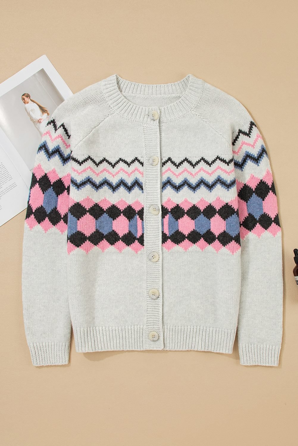Pink Stripe Geometric Button Up Sweater Cardigan
