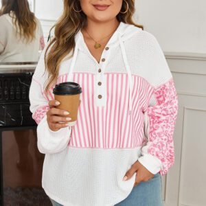Pink Stripe Leopard Patchwork Waffle Knit Buttoned Plus Size Hoodie