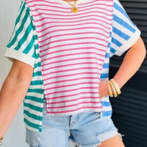 Pink Stripe Mixed Pattern Patchwork Uneven Hem Loose Tee