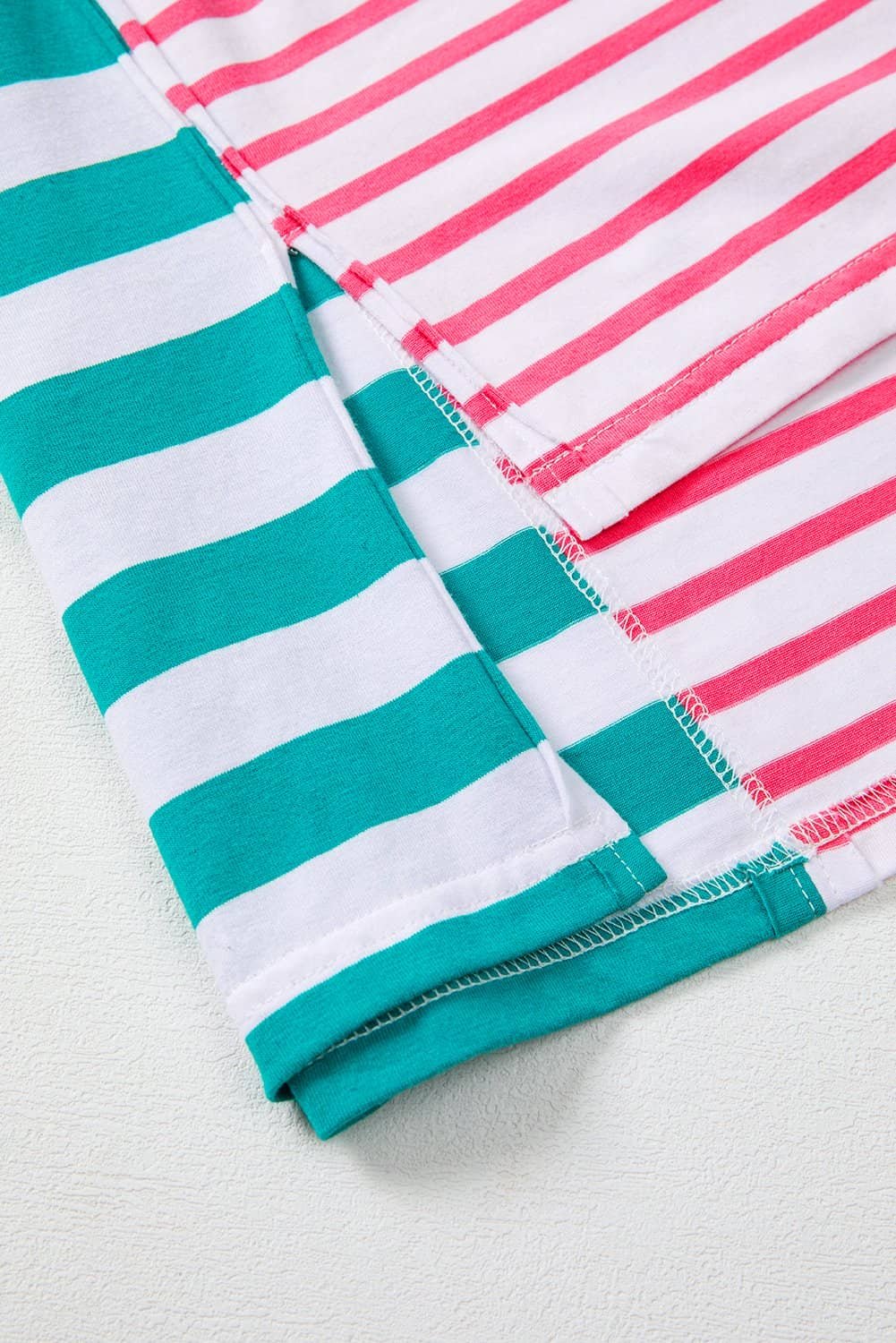 Pink Stripe Mixed Pattern Patchwork Uneven Hem Loose Tee