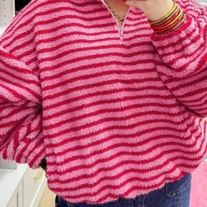 Pink Stripe Quarter Zip Fleece Oversize Sweatshirt