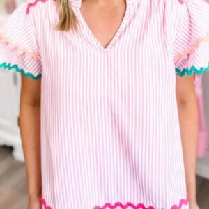Pink Stripe Ricrac Trim Split Neck Striped Ruffled Sleeve Blouse