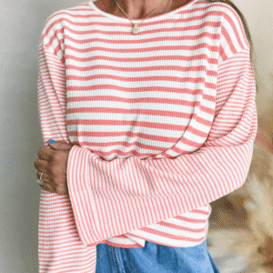 Pink Stripe Textured Contrast Dropped Long Sleeve Top