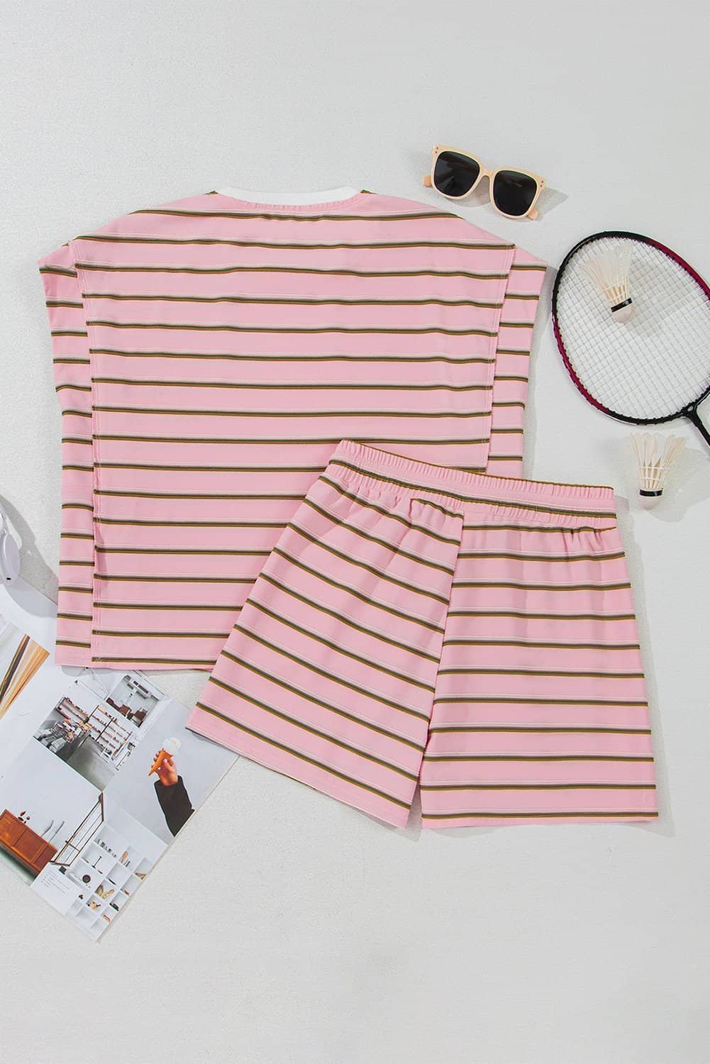 Pink Stripe Wide Short Sleeve Tee And Short Set