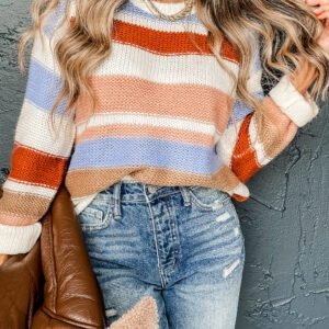 Pink Striped Colorblock Round Neck Drop Shoulder Sweater